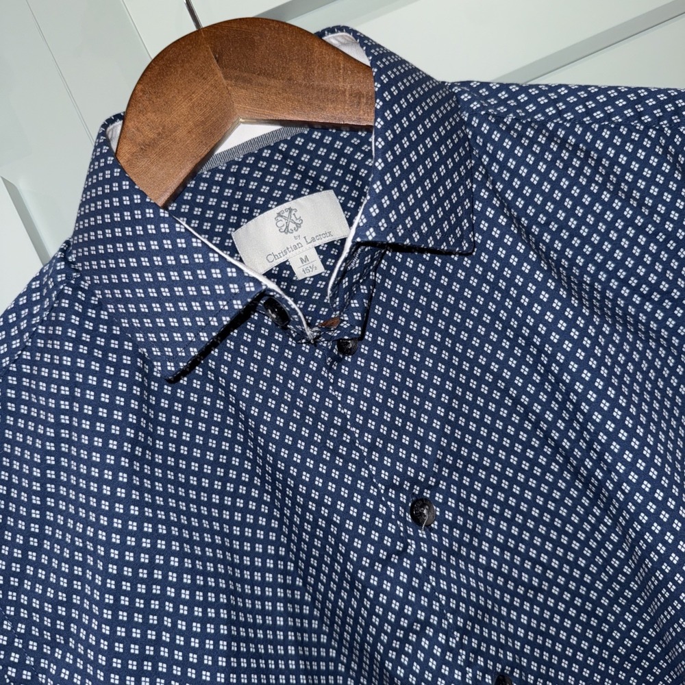 Christian Lacroix Men's M 15.5 Navy With White Diamond Print LS Button Up Modern